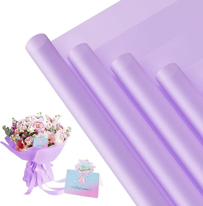 REAXYZNN 20 Sheets Flower Wrapping Paper, Waterproof Floral Bouquet Wrapping Paper with Cards for DIY Craft, Florist Packaging Supplies for Birthday, Wedding, Mother's Day Gift (Light purple)