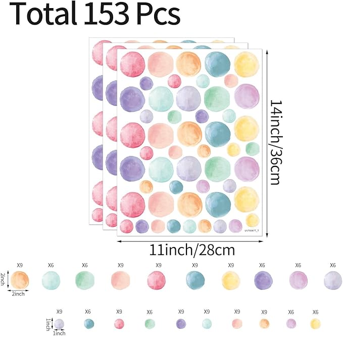 AOWDIAO 153 Pcs Watercolor Polka Dot Wall Decals Peel & Stick Vinyl Dots Stickers for Bedroom, Nursery, Playroom & Classroom Decor