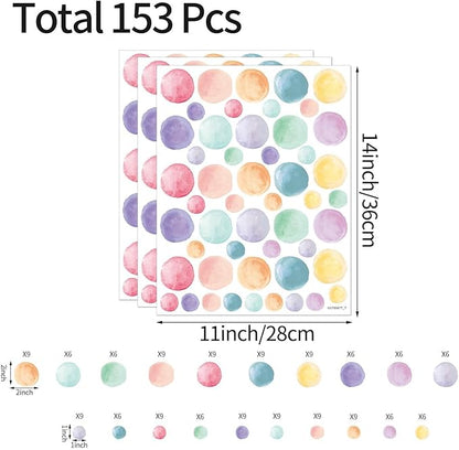 AOWDIAO 153 Pcs Watercolor Polka Dot Wall Decals Peel & Stick Vinyl Dots Stickers for Bedroom, Nursery, Playroom & Classroom Decor