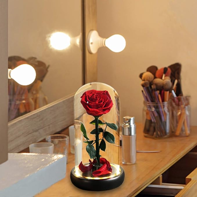 Christmas Flower Gifts for Women,Mom Gifts,Beauty and The Beast Rose in Glass Dome,Preserved Rose with Lights,Flower for Delivery Prime,Forever Flowers Birthday Gifts for Women Mom Wife Girlfriend