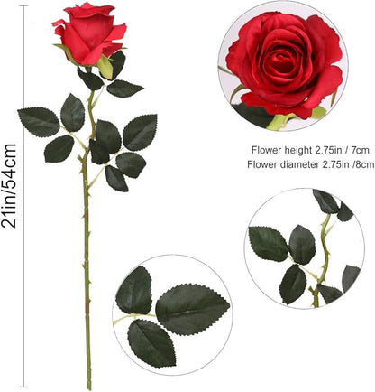 8PCS Artificial Silk Roses in Bulk & Bouquet Long Stem – Realistic Fake Roses for Wedding Centerpieces, Home Decor, Floral Arrangements, Party Decoration (Red)