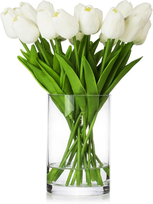 ENOVA FLORAL 20 Heads White Tulips Real Touch Artificial Flowers in Vase, Fake Tulips Flowers with Vase and Faux Water for Dining Table Decoration, Home Wedding (White)