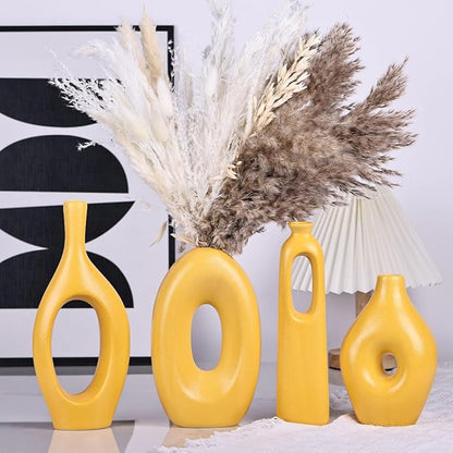 Yellow Vases Home Decor - 4-Piece Round Hollow Boho Yellow Ceramic Vase for Pampas Grass Decor, Modern Small Flower Vases for Living Room, Dining Table, Office, Wedding, Fireplace Decor
