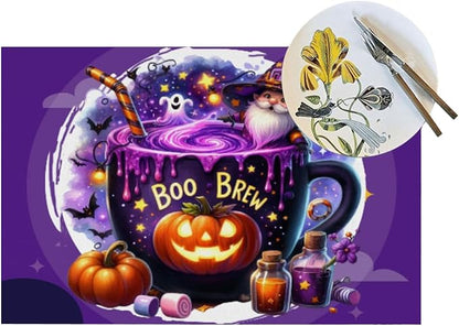 PVC Placemats Set of 4 Wipeable Table Mats Washable Heat Resistant Non Slip Vinyl Dining Table Mat for Kitchen Indoor Outdoor Patio Farmhouse Place Mats Purple Halloween Magic Cauldron Decorative