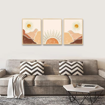 Natural Wood Framed Boho Wall Decor Living Room Canvas Wall Art For Bedroom Minimalist Abstract Mountain Sunshine Wall Painting Wall Decorations For Girl Room Office Wall Decor Pictures Home Decor