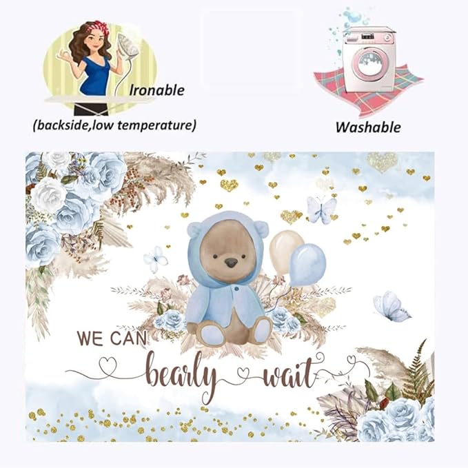 We Can Bearly Wait Backdrop Boho Baby Shower Party Backdrop 5x3ft Blue Floral Bohemian Pampas Grass Bear Photography Background Kids Baby Shower Newborn Baby Portrait Photo Backdrop