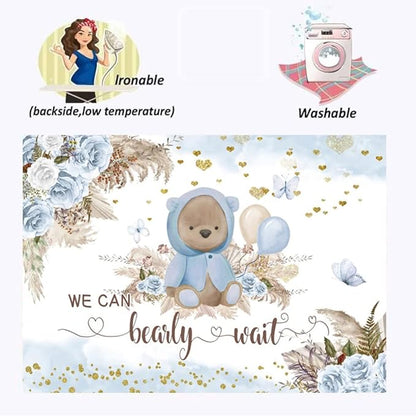 We Can Bearly Wait Boho Baby Shower Photography Backdrop 7x5ft Blue Floral Boho Pampas Grass Bear Portrait Photo Backdrop