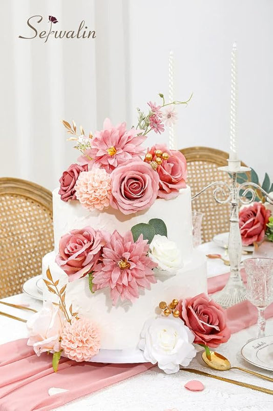 Serwalin 2PCS Artificial Pink Silk Dahlia Flowers - Fake Wedding Bouquets & Centerpieces - Baby Shower & Home Decor