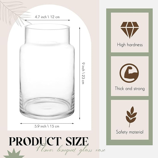 2 Pcs 9 Inch Large Glass Vase for Bouquet Wide Mouth Vase for Centerpieces Large vase for Flowers Modern Glass Vases for Wedding Home Dining Table Decor(H: 9” W: 6")