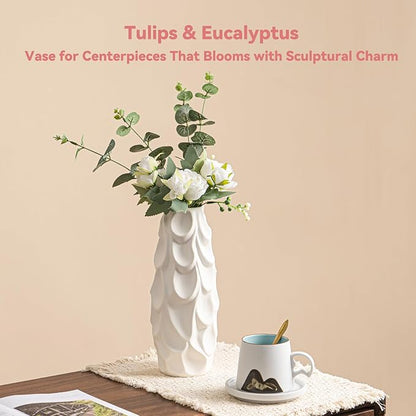 Scalloped Scale Vase - White Matte Ceramic with Textured Sculptural Design, 10.5" Unique Flower Vase for Pampas Grass/Centerpieces,Decorative Boho Vase for Living Room/Office,Ideal Gift for Art Lovers