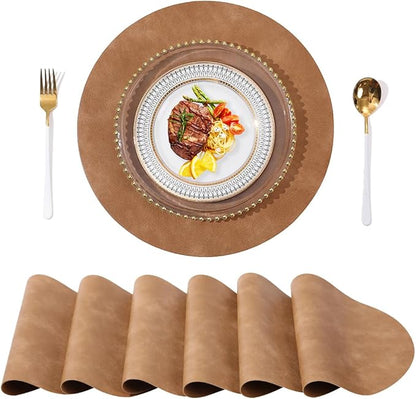 UnivoColors PU Leather Placemats Set of 6,15 Inches Round Washed Cowhide Pattern Table Mats for Dining Table, Kitchen, Party Decoration(Retro Camel)