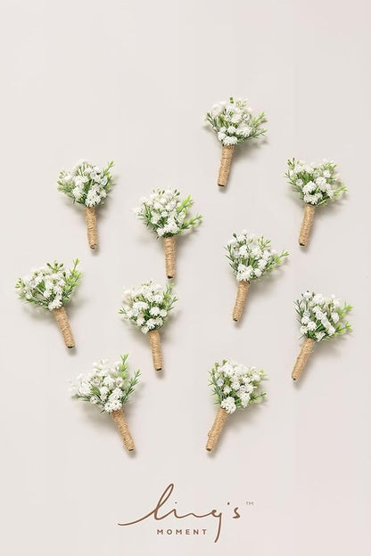 Ling's Moment Boutonniere for Men, 10pcs Groomsmen Guest Boutonniere, Artificial Flowers for Wedding Décor/Prom/Homecoming,etc.Baby Breath White