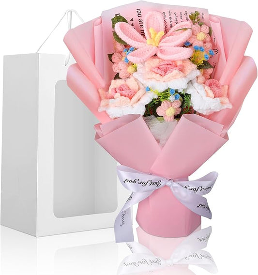 Foyucool Crochet Flowers Bouquet, Handmade Knitted Tulip Rose Bouquet with Gift Bag for Home Deocor, Crocheted Finished Flower for Wedding, Mother's Day, Teachers' Day and Valentine's Day, Pink