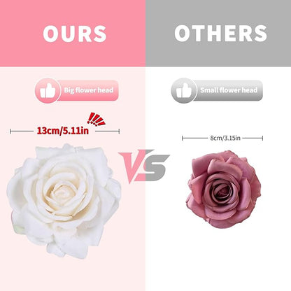 IPOPU 5 Inches White Artificial Large Rose Flower Head Fake Silk Rose with Stem Fake Flowers Bulk for DIY Gifts White Wedding Bouquet Arrangements Home Party Decor