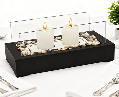 Rectangle Tabletop Hurricane Candleholder with Decorative Stones - Suitable for Dia 2.5" and Below Pillar Candles and Scented Candles, Gift for Dinner Table Centerpiece & Housewareming