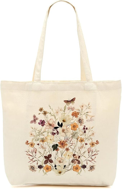 Aesthetic Floral Canvas Tote Bag for Women with Pocket, Tote Bags for Grocery Shopping Travel Christmas Birthday