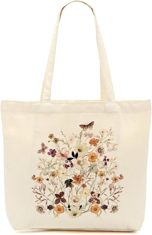 Aesthetic Floral Canvas Tote Bag for Women with Pocket, Tote Bags for Grocery Shopping Travel Christmas Birthday