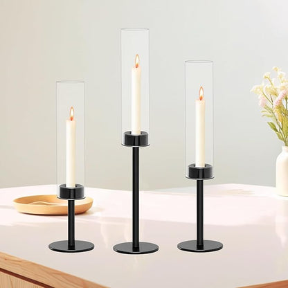 Black Taper Candle Holder Set with Glass Hurricane – Modern Candlestick Holders for Dining Room, Premium Gift Set for Wedding, Fall Centerpieces for Tables, Warmly Gift for Home Decor, Christmas Decor