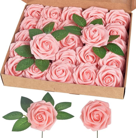 homEdge Artificial Rose, 25pcs Foam Artificial Flowers with Stem for Home Decorations, Wedding Bouquets, Party, Certerpieces, Anniversaries-Blush