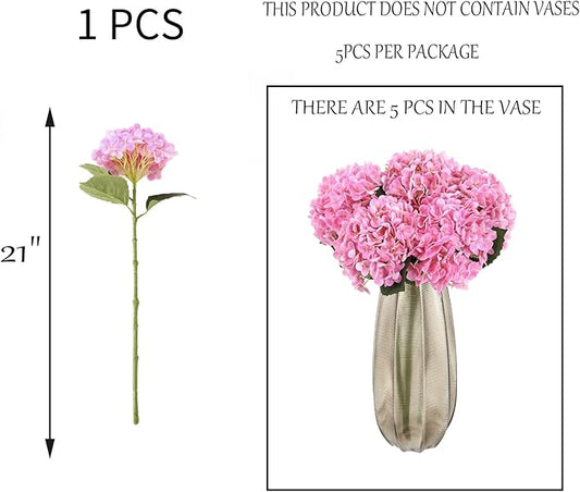 Kimura's Cabin 5Pcs 21inch Real Touch Artificial Hydrangea Flowers Lifelike Latex Hydrangeas Long Stem with Leaves Hydrangea Bouquet for Home Wedding Baby Shower Birthday Party Decoration（Rose Pink）