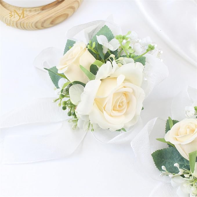 Meldel Champagne Wrist Corsage for Bride Bridesmaid Wedding,Set of 6, Romantic Artificial Rose Pearls Wristband Wrist Flower for Bridal Shower Ceremony Prom Party, Mother and Grand Mother Wrist Flower