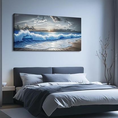 PHAOHUAXM Large Canvas Wall Decor For Living Room Wall Art For Bedroom Office Dining room Decor Modern Black White And Blue Ocean Wave Painting Printed Artworks Wall Pictures Home Decor 24"X48"