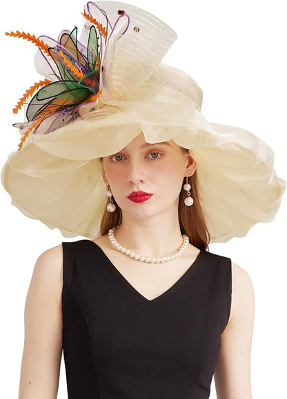 Organza Derby Hats for Women Wide Brim Fascinator Hat Rose Flower Wedding Tea Party Hat