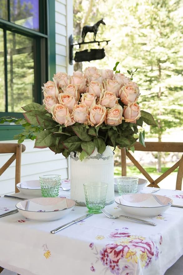 DILATATA Artificial Realistic Roses Peach Flowers 24" Real Touch Silk Roses Bouquet Long Stems Rose Fake Roses Decor for Home Party Wedding Table Centerpieces Roses Realistic - 5 Pcs