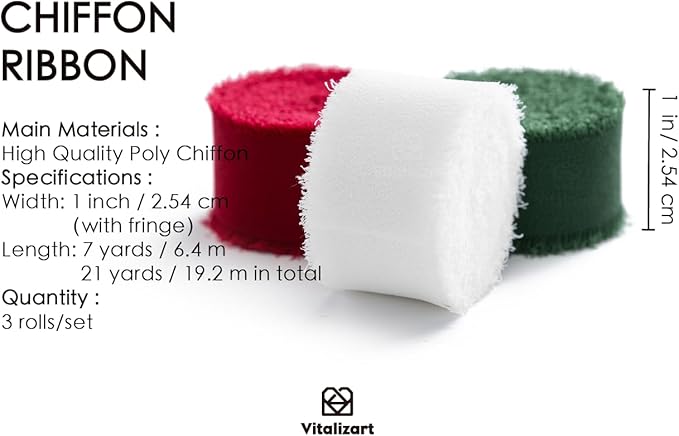 Vitalizart Christmas Ribbon Chiffon Silk Fringes 1" x 21 Yd Fabric Package (3 Rolls * 7 Yd) for Wedding Invitations Bridal Bouquets Decorations Gifts Wrapping & Bow Making Green Red & White