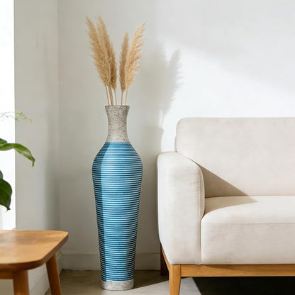 39-Inch Tall Vintage Floor Vase - Premium PVC Rattan Weave, Large Blue and White Striped Standing Vase, Flower Holder for Home Decor (Blue)