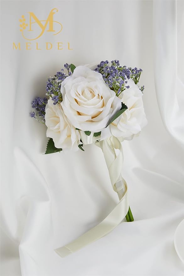 Meldel 6.5 Inch Ivory Bridesmaid Bouquet, Set of 6, Purple Wedding Bouquets for Bridesmaids, Small White Bridesmaids Bouquets