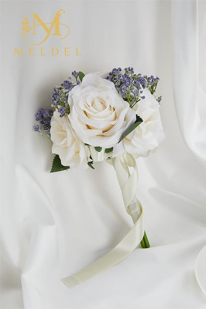 Meldel 6.5 Inch Ivory Bridesmaid Bouquets, Set of 2, Small Rose Artificial Wedding Bouquet Centerpiece Decorations for Wedding