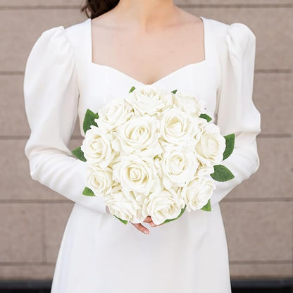 White Roses 16pcs Velvet White Artificial Roses Flowers 3.15" Silk Roses for Bridal Bouquet Wedding Flowers for Floral Centerpieces Home Party Decor (White)