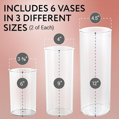 Impresa Clear Acrylic Cylinder Vase Set - 6", 9" & 12", Pack of 6 Shatterproof Plastic Vases - Wedding Centerpiece Decor - Versatile Floral Display & Home Decor