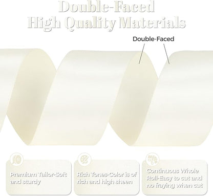 Ivory Satin Ribbon, Double Faced 1-1/2 Inch X 25 Yards Ivory Ribbon, Premium Satin Ribbon for Gift Wrapping, Crafts, Hair Bow Making, Sewing, Flower Bouquet, Wedding Party Decor