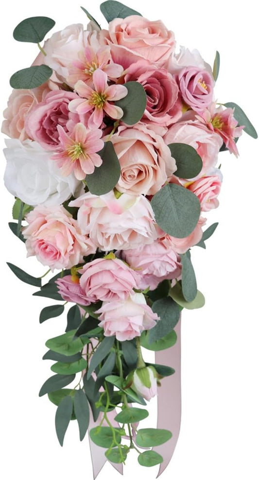Wedding Bouquet for Bride, Bean Paste Pink Waterfall Bridal Bouquet for Bride Artificial Roses Flowers Cascading Bouquet for Wedding Ceremony Anniversary Party Bridal Shower Decoration