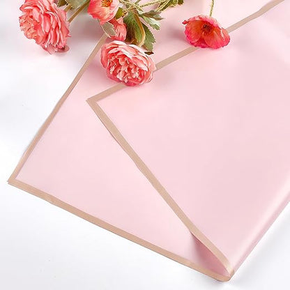 Jutieuo 20 Sheets Pink Flower Wrapping Paper, Waterproof Floral Wrap Gold Edge Bouquet Wrapping Paper Florist Supplies (22.8 x 22.8 inch)