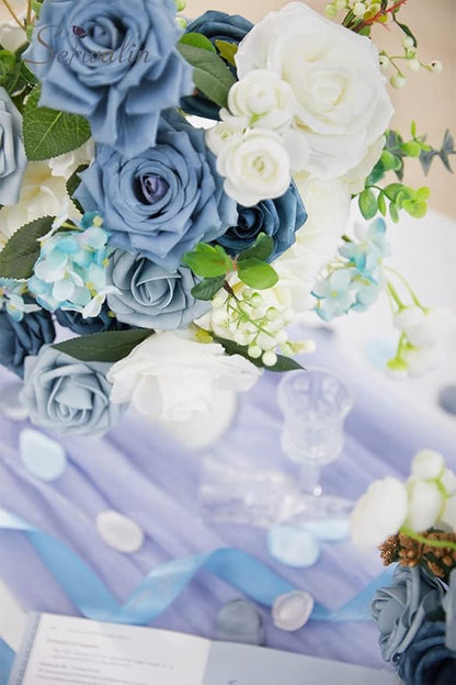 Serwalin Artificial Flowers Blue Fake Silk Foam Wedding Flowers for Bridal Bouquet White Roses with Stems for Home Party Decoration Faux Flower Table Centerpieces Arrangements for Baby Shower