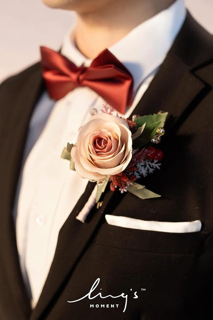 Ling's moment Boutonniere for Men, 6pcs Groom Groomsmen Boutonniere, Artificial Flowers for Wedding Decor/Prom/Homecoming, etc.Cinnamon Rose Pink