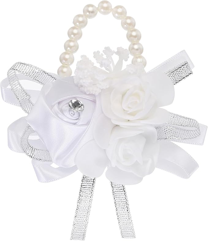 MECCANIXITY Wrist Corsage Artificial Flower Bracelets Rose Wrist Bride Groom Decorative for Wedding Ceremony Prom Party Anniversary White