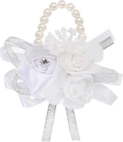 MECCANIXITY Wrist Corsage Artificial Flower Bracelets Rose Wrist Bride Groom Decorative for Wedding Ceremony Prom Party Anniversary White