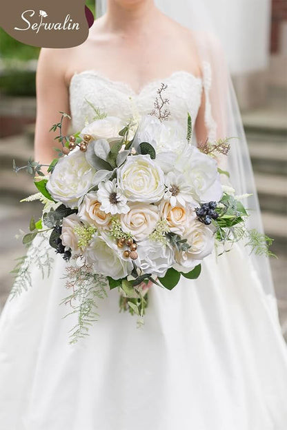 Serwalin Artificial White Flowers for Wedding, Silk Flowers Cake Decoration, Fake Flowers for Centerpieces Bouquets White Roses Peonies, Bridal Shower DIY Christmas