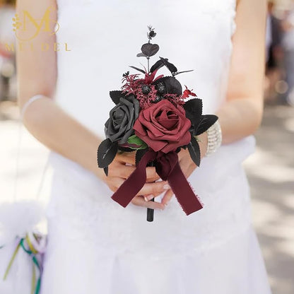 Meldel Wedding Flowers Fake Rose Mini Bridesmaid Bride Bouquets Black Burgundy Set of 6 Small Floral Wedding Centerpieces Decor Artificial Flower Arrangements for Tables Home Party Decorations