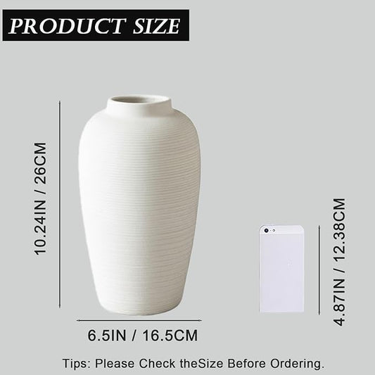 Large Ceramic Vase, 10.24 inch Minimalist Vase for Home Decor, Handmade Farmhouse Flower Vase for Table Centerpiece, Wedding, Living Room, Kitchen Decoration, Shelf Decor (Rice White)