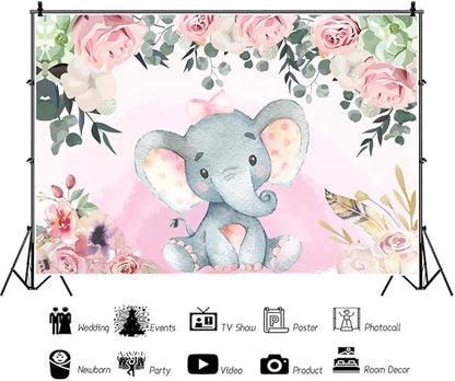 AOFOTO 12x8ft Pink Flowers Elephant Baby Shower Backdrop for Girl Sweet Floral Gender Reveal Background for Photography Kids Infant Birthday Party Banner Cake Table Decoration Photo Studio Props Vinyl