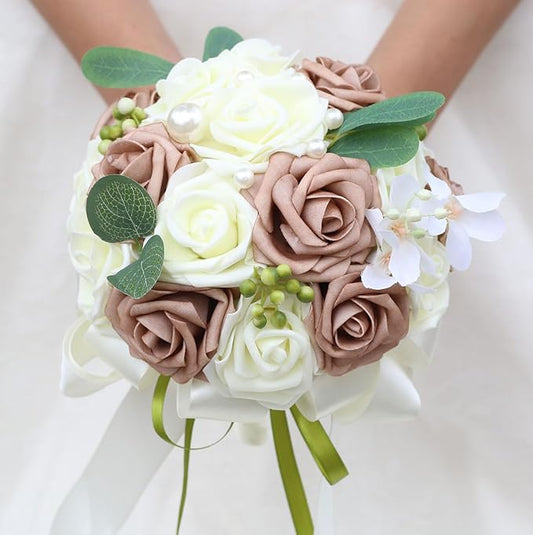 Lightweight Bridal Wedding Bouquet Round Holding Bouquet Throw Toss Artificial Rose Flower Bunch for Bride Bridesmaid Wedding Quinceanera (Cream & Rosy Brown, 7.9")