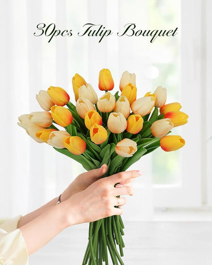 MACTING 30 PCS Artificial Tulip Flowers 13.7" Real Touch Fake PU Tulips Bouquet Faux Flowers for Floral Arrangements Table Centerpiece Home Kitchen Indoor Outdoor Summer Decor (Mix Yellow)