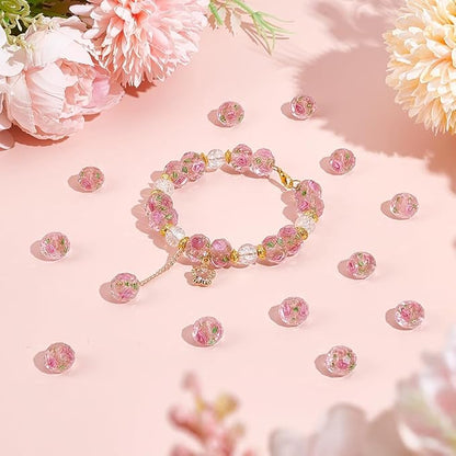 PH PandaHall 45pcs 11~12mm Gold Sand Lampwork Beads Glass Handmade Round Loose Beads for Rosary Making Jewelry Craft Making with 2mm Hole - Gloden Pink