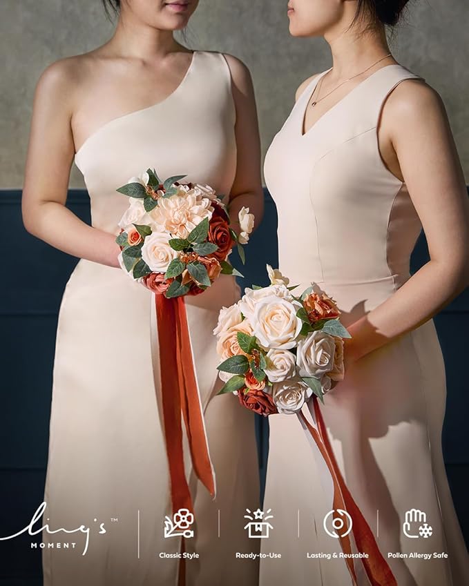 Ling's moment Terracotta Artificial Flowers Bridesmaid Bouquet Set of 4, Burnt Orange Wedding Flowers Bouquets for Bridesmaids, 7 Inch Bridal Bouquets for Bridesmaids, Wedding, Ceremony