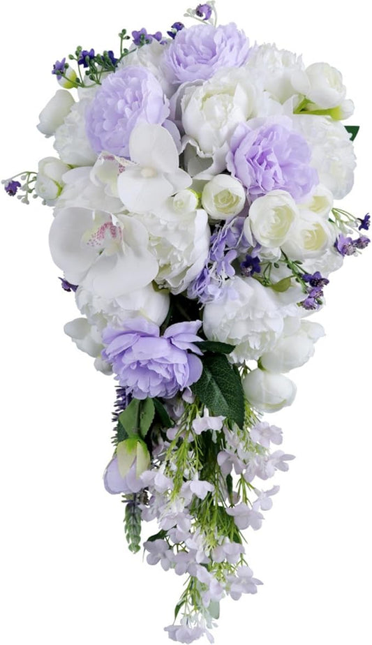Cascading Bouquets for Bride, White and Purple Water Drop Waterfall Artificial Flowers Roses Bridal Bouquet for Wedding Ceremony Anniversary Party Bridal Shower Decoration